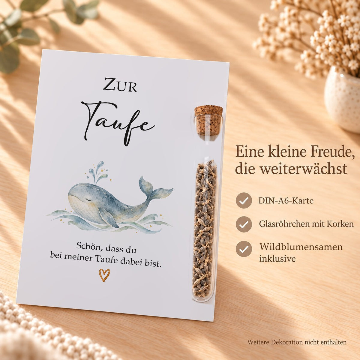 Lieferumfang: DIN-A6-Karte, Röhrchen aus Kunststoff mit Korken und Wildblumensamen