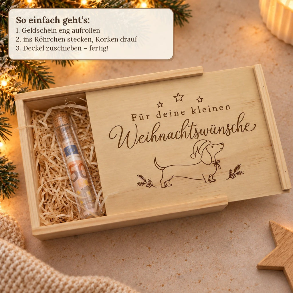 Geld zu Weihnachten verpacken: Geldschein aufrollen, ins Röhrchen stecken, Deckel zuschieben