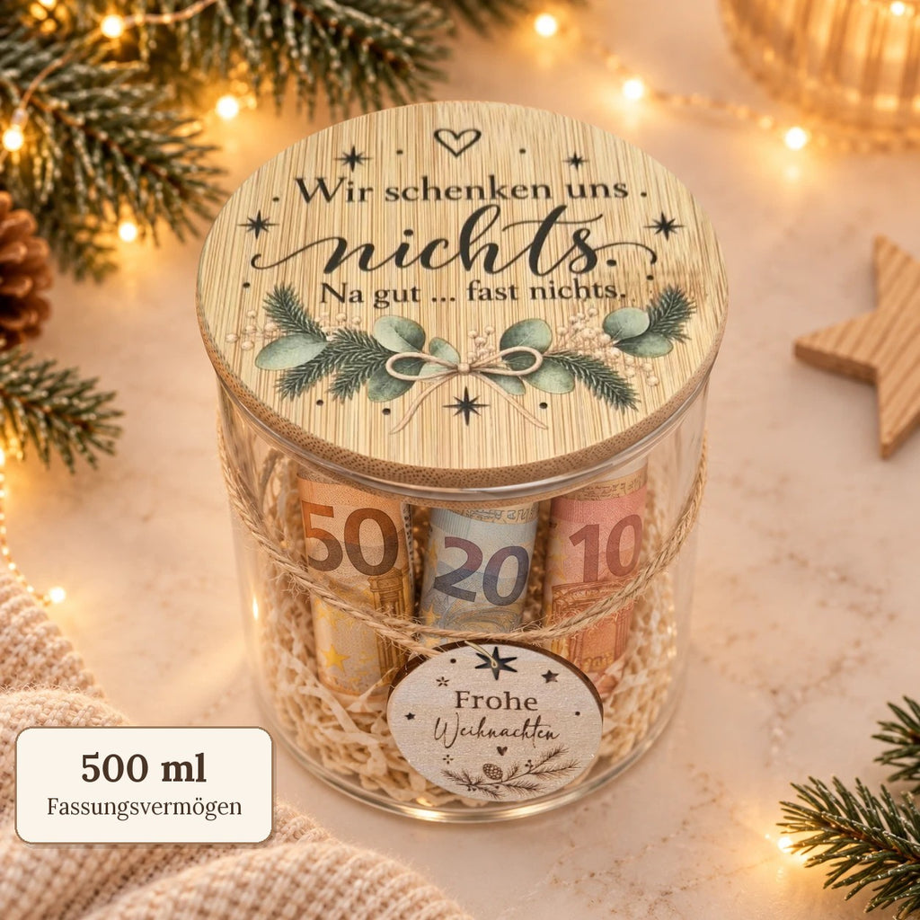 Geldgeschenk im Glas mit 500 ml Fassungsvermögen und Bambusdeckel