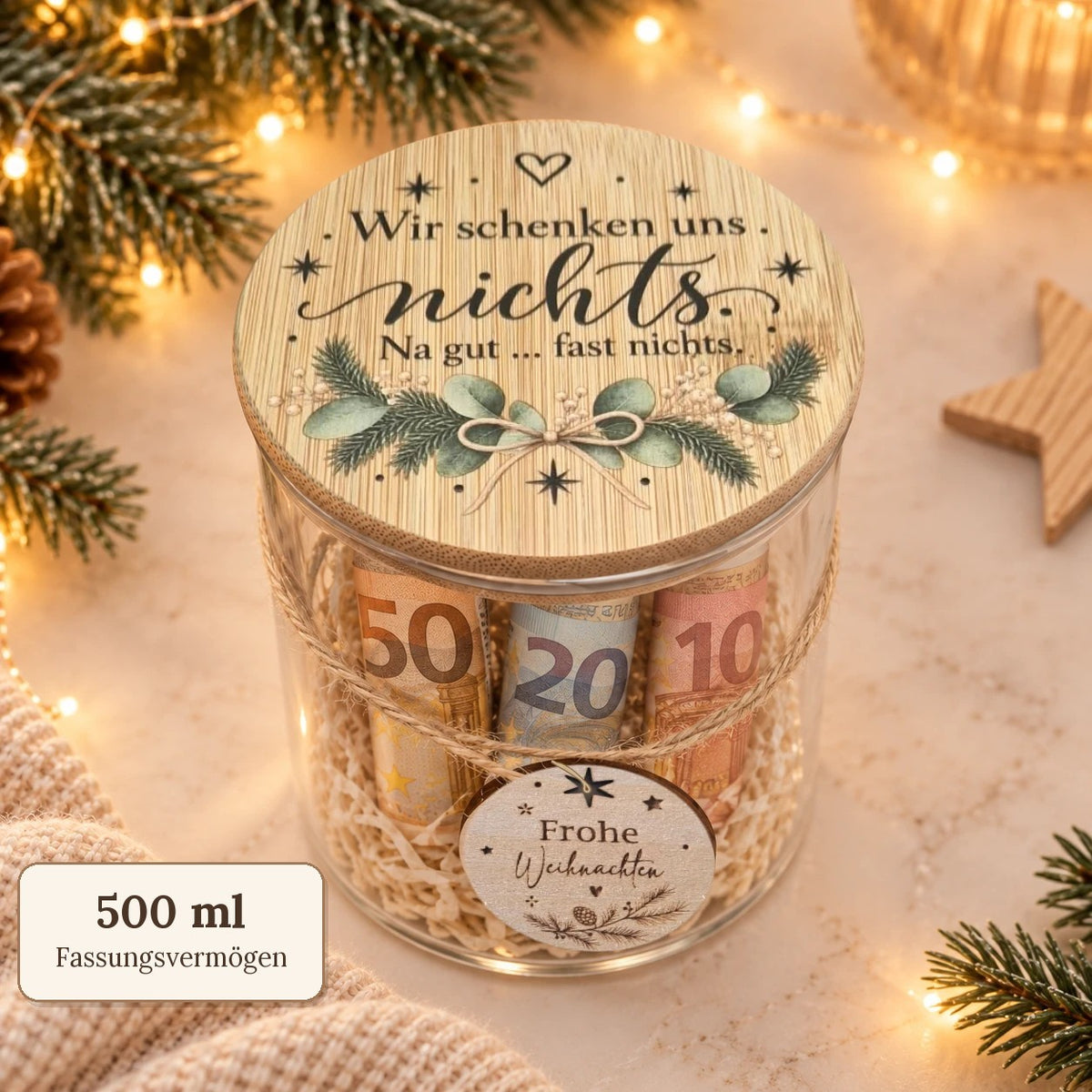Geldgeschenk im Glas mit 500 ml Fassungsvermögen und Bambusdeckel