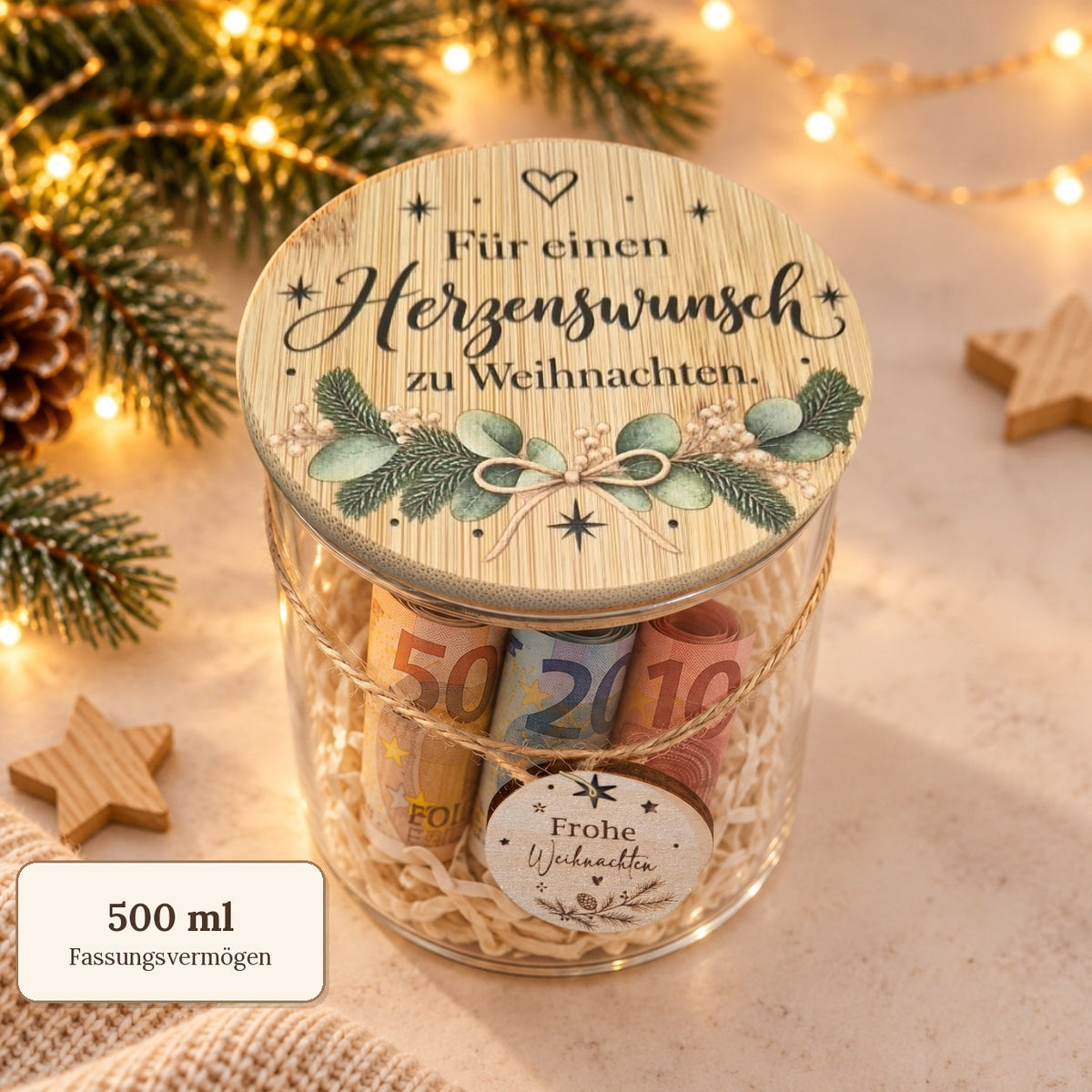 Geldgeschenk im Glas „Herzenswunsch“ mit 500 ml Fassungsvermögen und Bambusdeckel