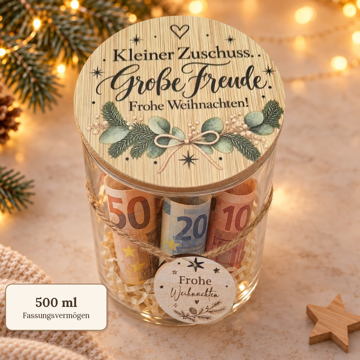 Geldgeschenk im Glas „Kleiner Zuschuss“ mit 500 ml Fassungsvermögen und Bambusdeckel
