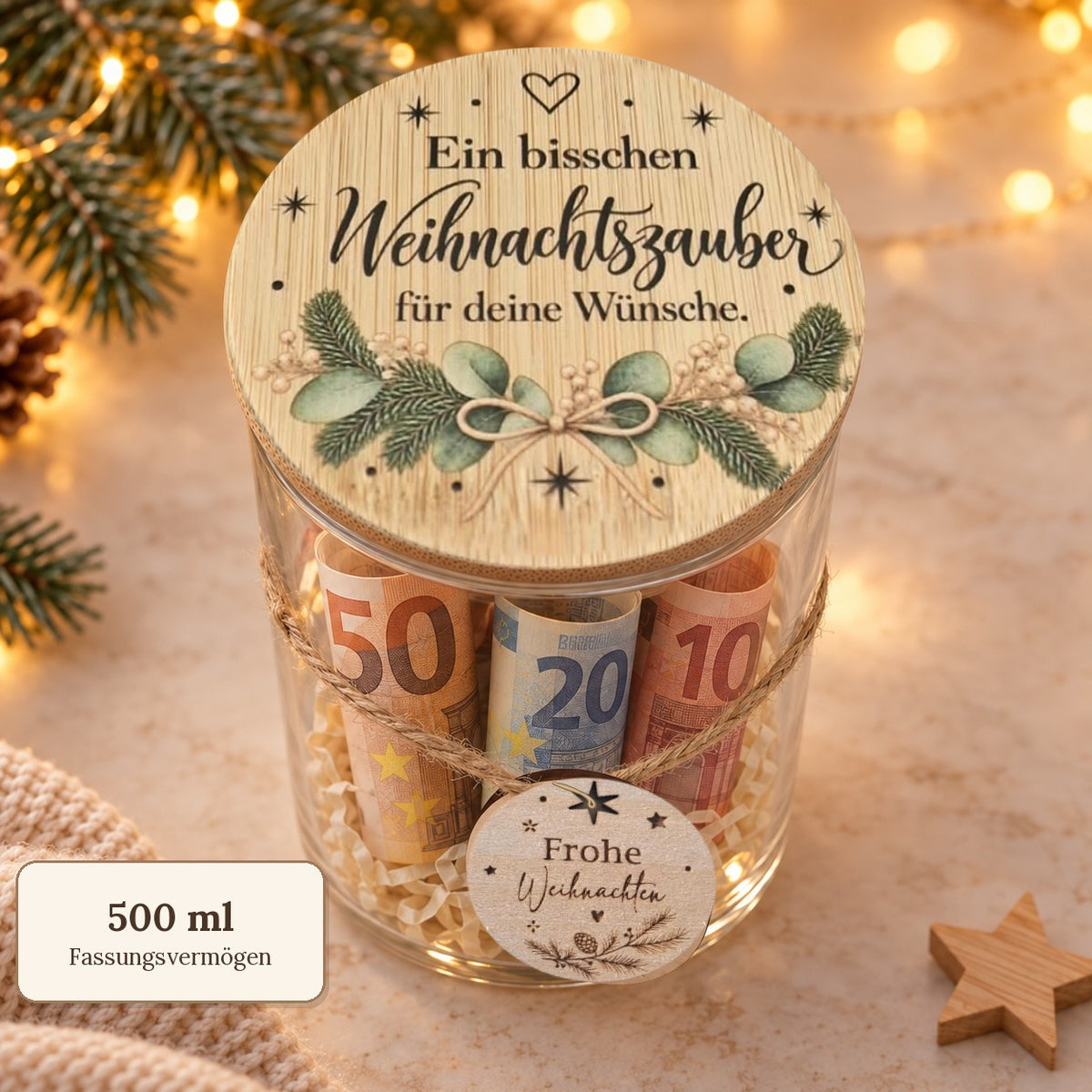 Geldgeschenk im Glas „Weihnachtszauber“ mit 500 ml Fassungsvermögen und Bambusdeckel