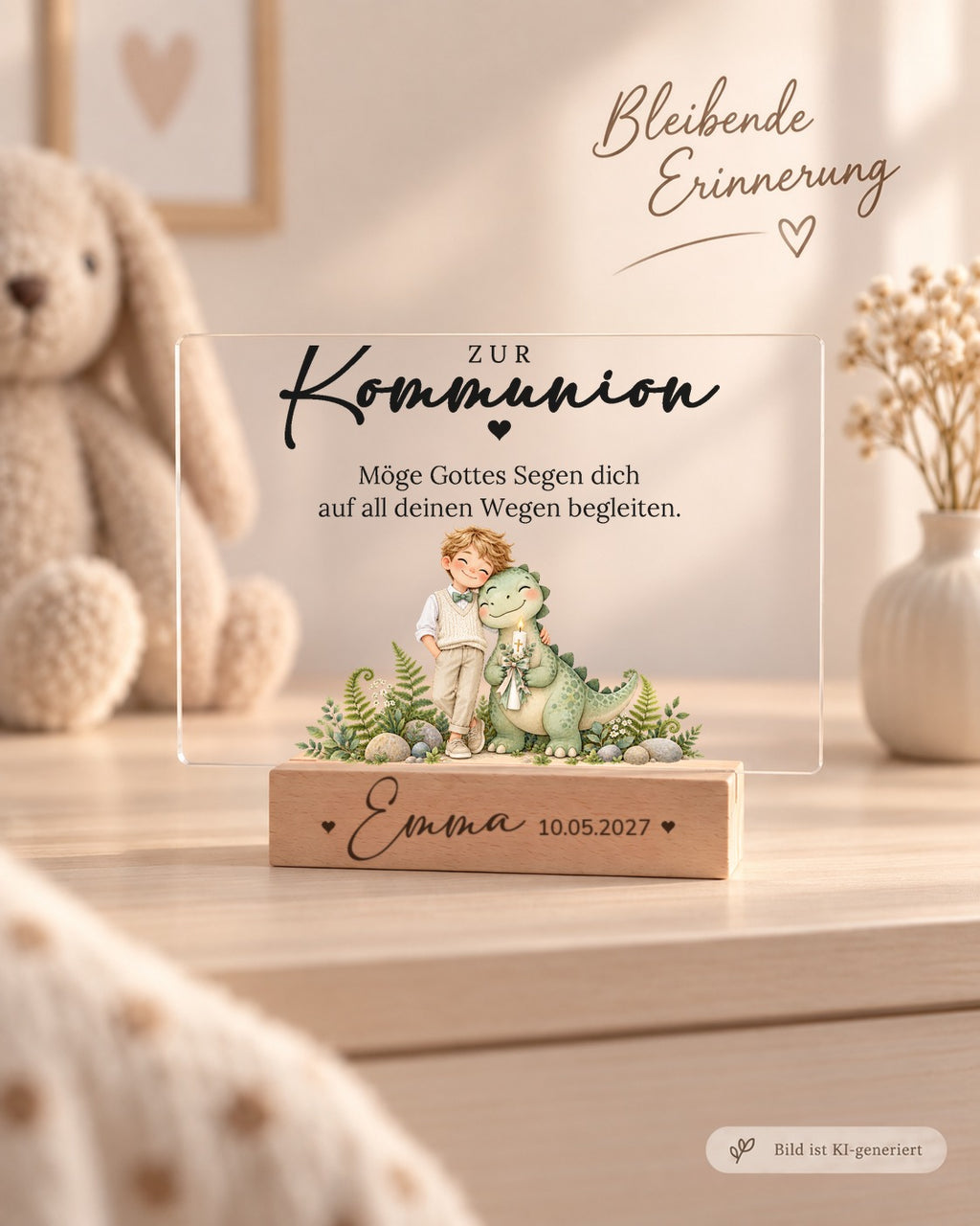 Acryl-Aufsteller zur Kommunion mit Junge mit Baby-Dino und Kommunionkerze als Erinnerung im Kinderzimmer