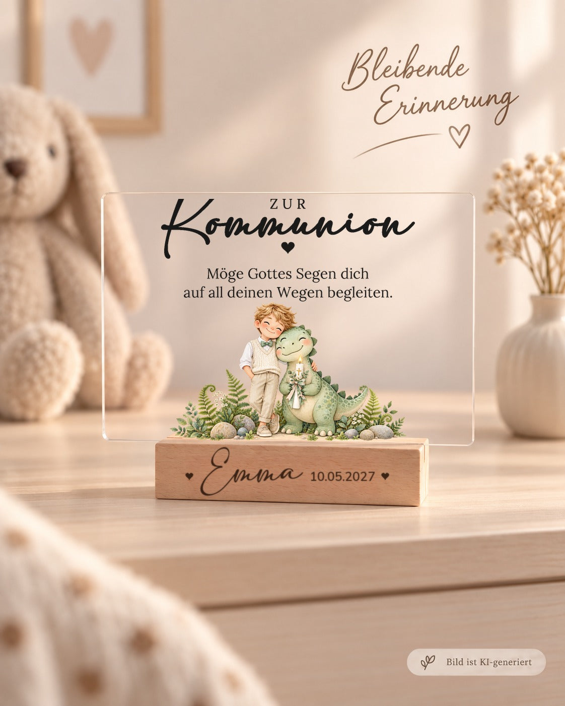 Acryl-Aufsteller zur Kommunion mit Junge mit Baby-Dino und Kommunionkerze als Erinnerung im Kinderzimmer