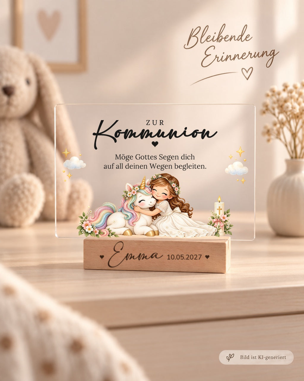 Acryl-Aufsteller zur Kommunion mit Mädchen umarmt Einhorn als Erinnerung im Kinderzimmer