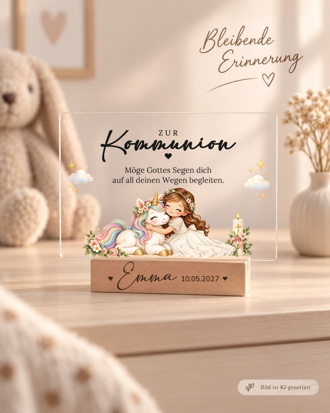 Acryl-Aufsteller zur Kommunion mit Mädchen umarmt Einhorn als Erinnerung im Kinderzimmer