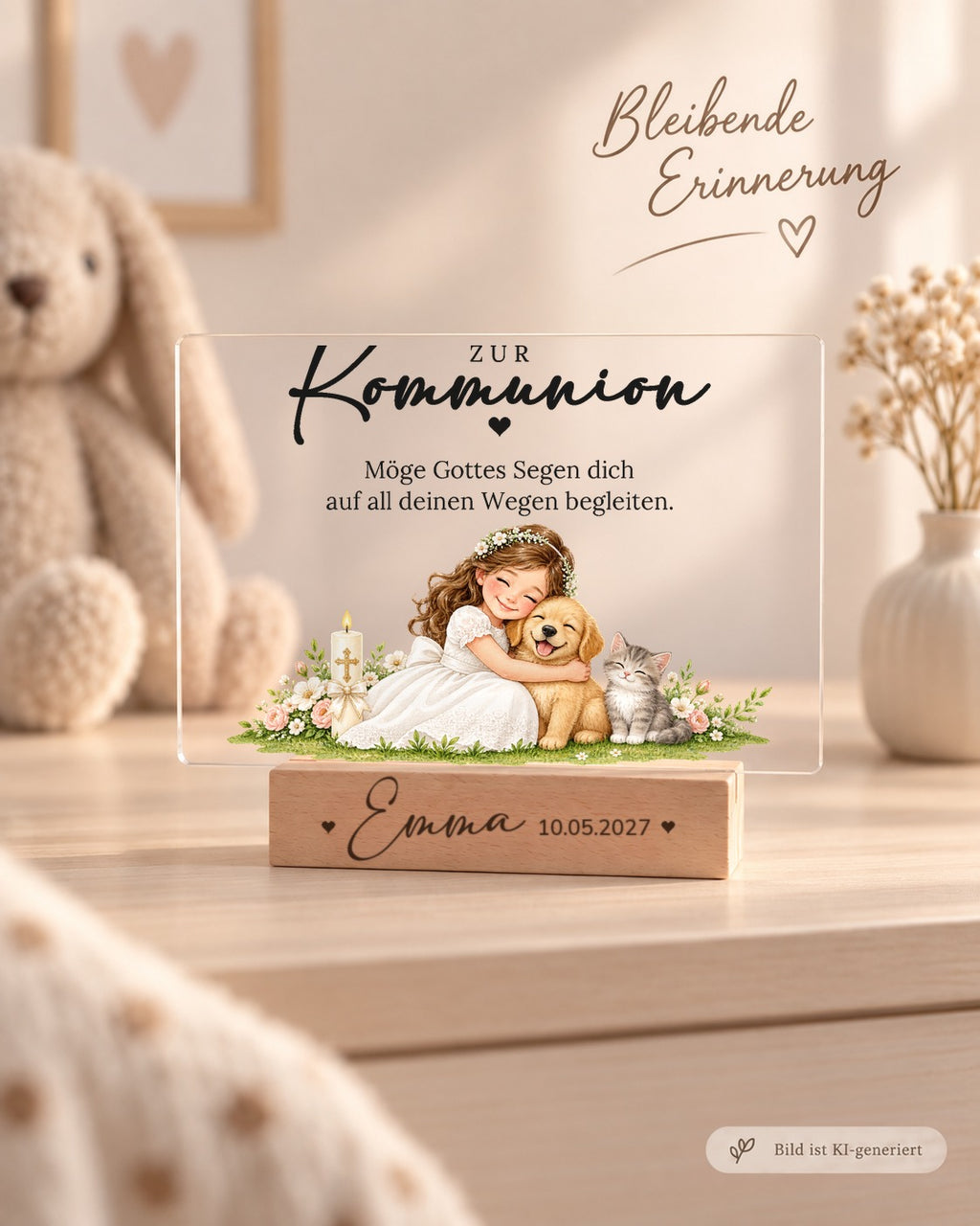 Acryl-Aufsteller zur Kommunion mit Mädchen kuschelt Welpe und Kätzchen als Erinnerung im Kinderzimmer