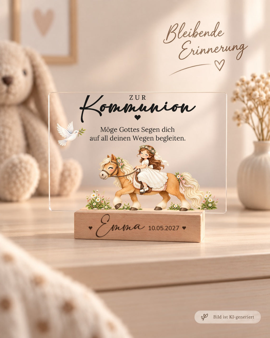 Acryl-Aufsteller zur Kommunion mit Mädchen reitet auf Pony als Erinnerung im Kinderzimmer