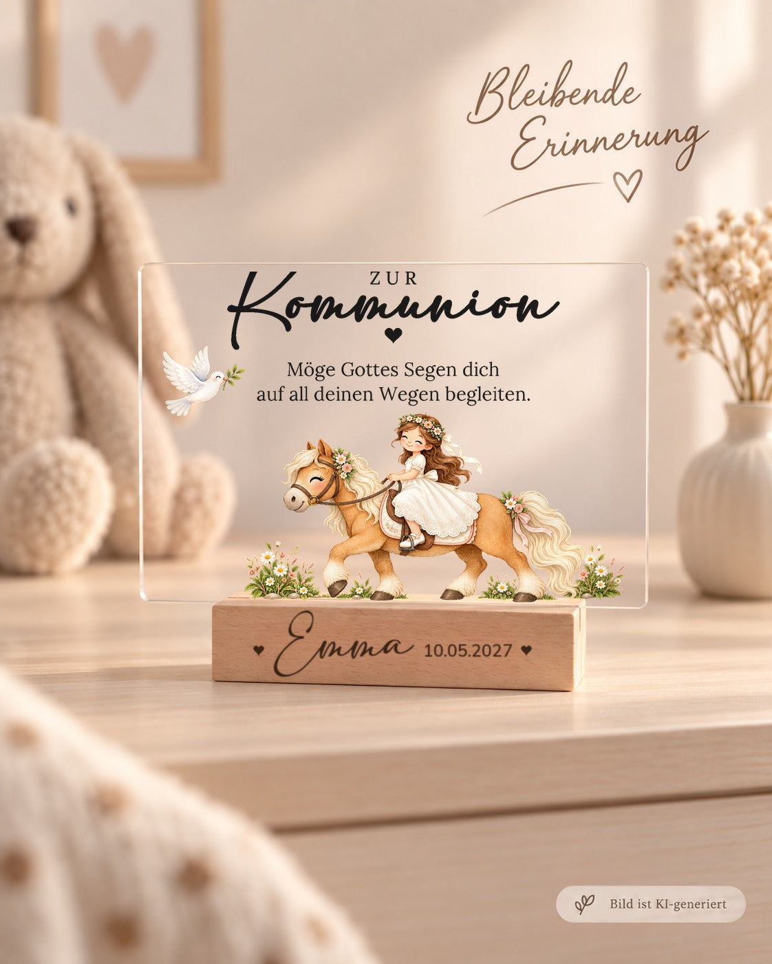 Acryl-Aufsteller zur Kommunion mit Mädchen reitet auf Pony als Erinnerung im Kinderzimmer