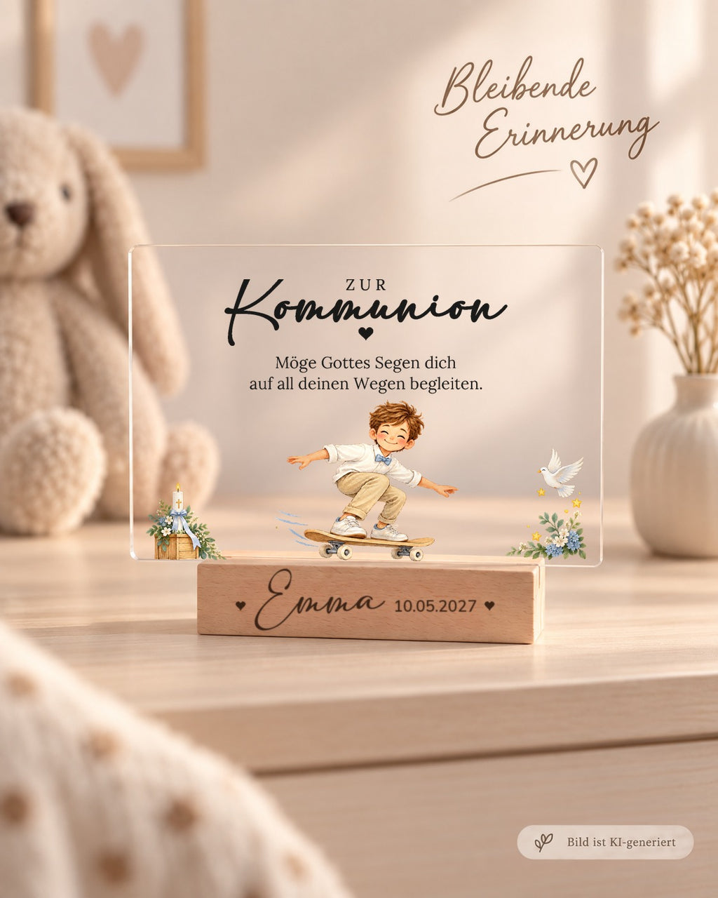 Acryl-Aufsteller zur Kommunion mit Junge auf Skateboard als Erinnerung im Kinderzimmer