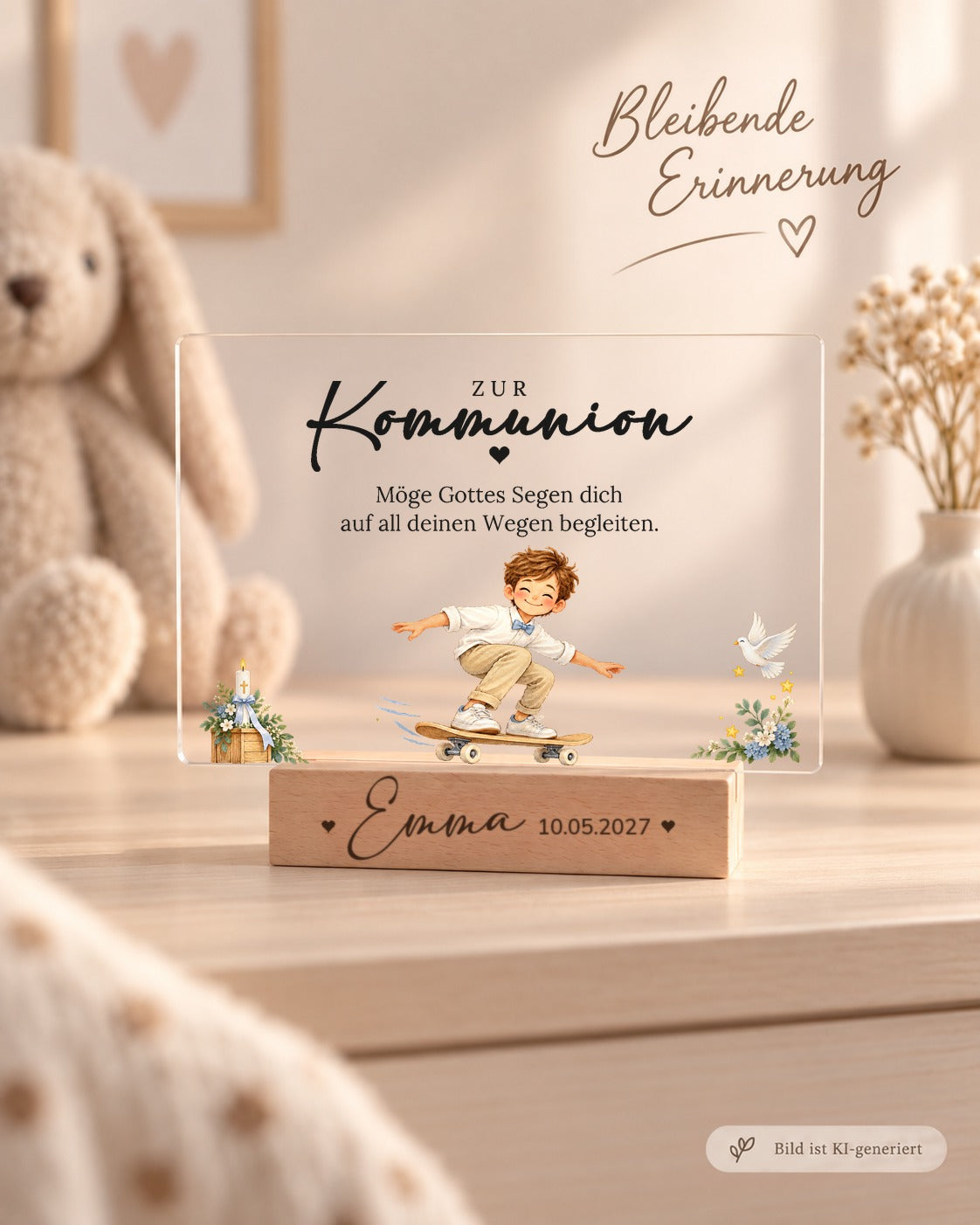 Acryl-Aufsteller zur Kommunion mit Junge auf Skateboard als Erinnerung im Kinderzimmer