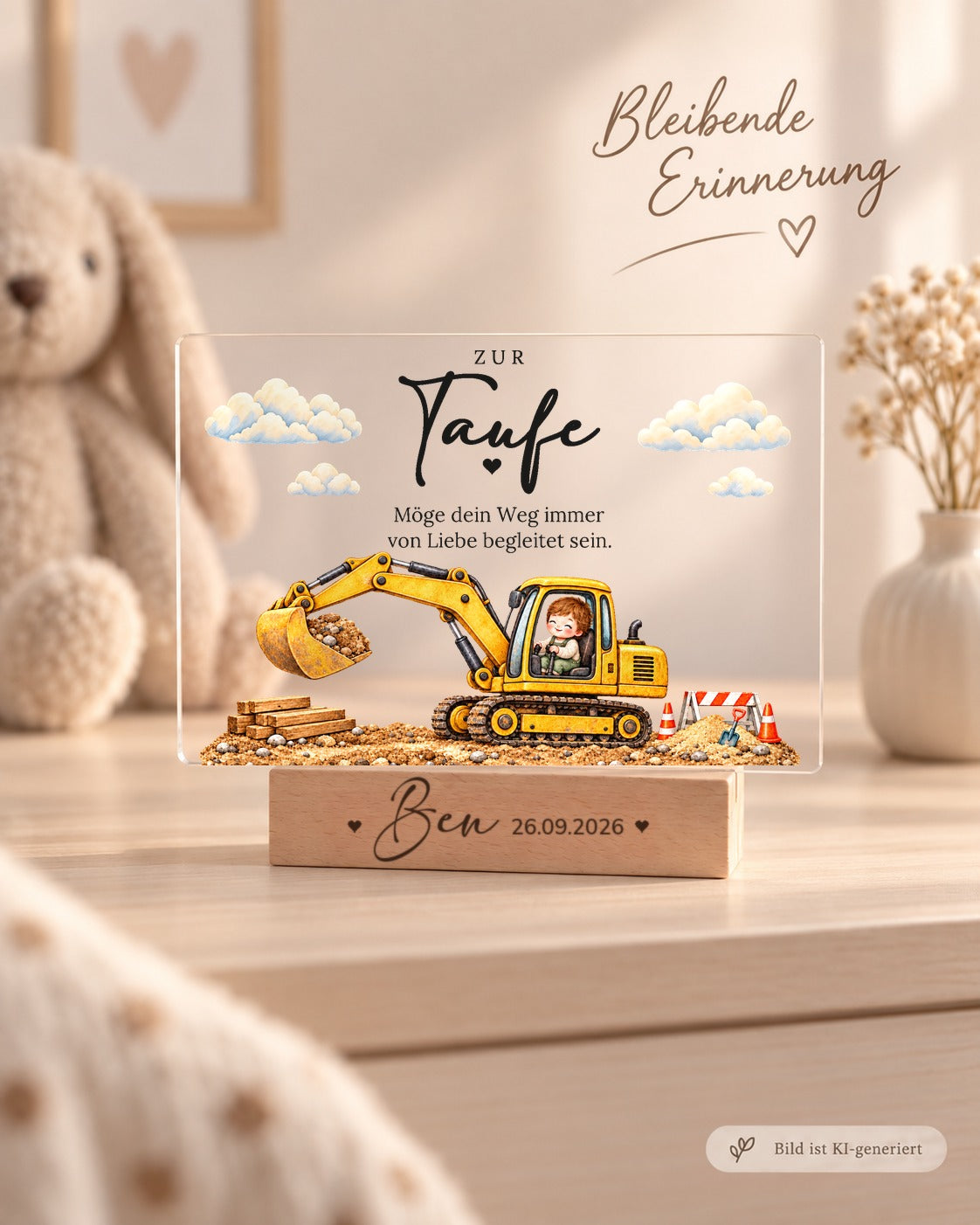 Bagger-Aufsteller zur Taufe als bleibende Erinnerung im Kinderzimmer