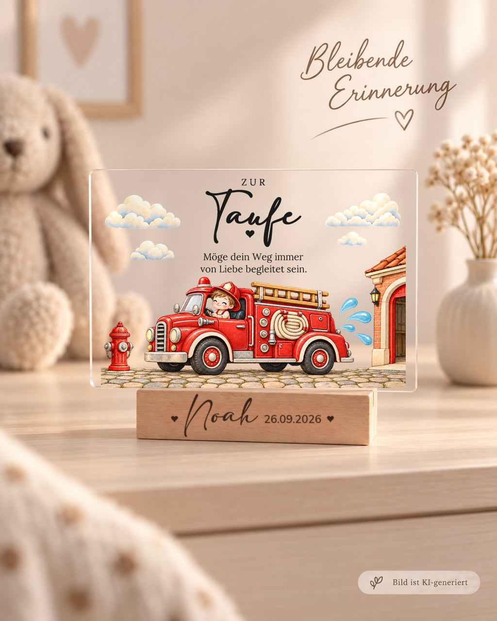 Feuerwehr-Aufsteller zur Taufe als bleibende Erinnerung im Kinderzimmer