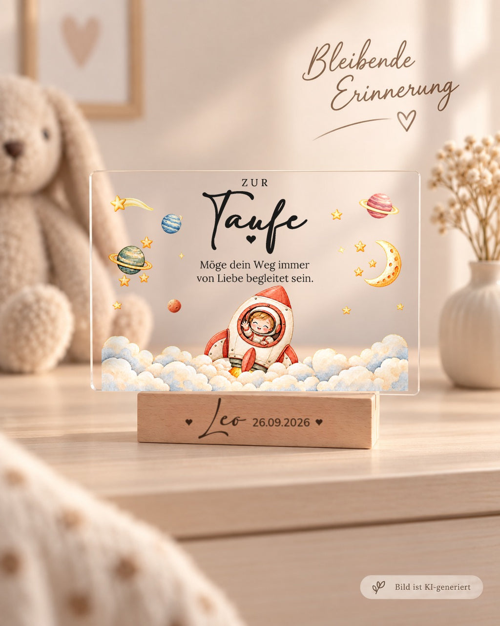 Raketen-Aufsteller zur Taufe als bleibende Erinnerung im Kinderzimmer