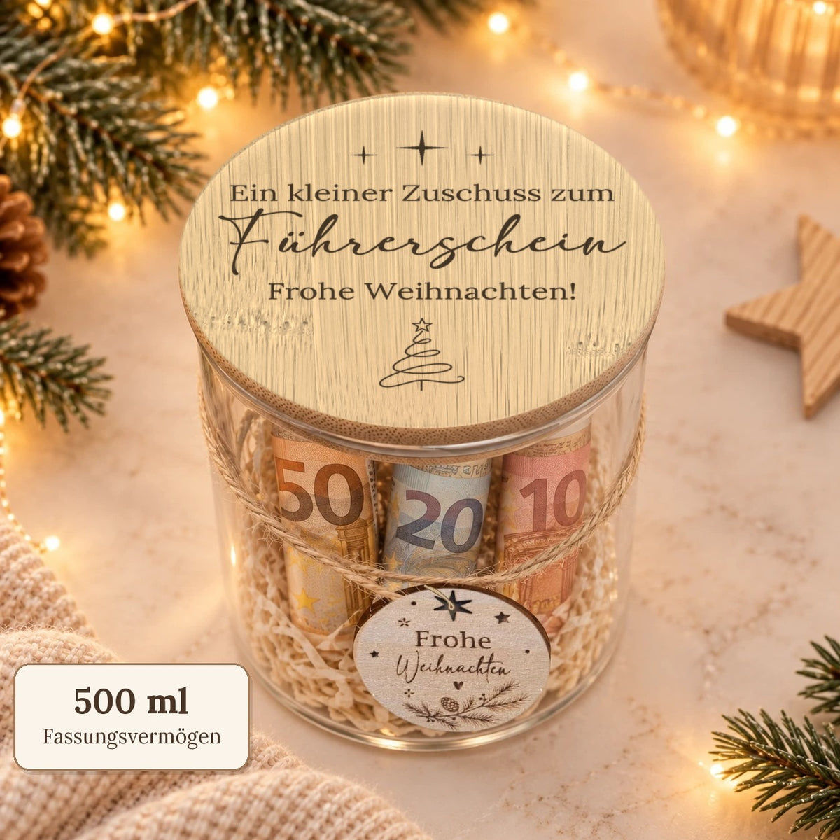 Geldgeschenk im Glas „Zuschuss zum Führerschein“ mit 500 ml Fassungsvermögen