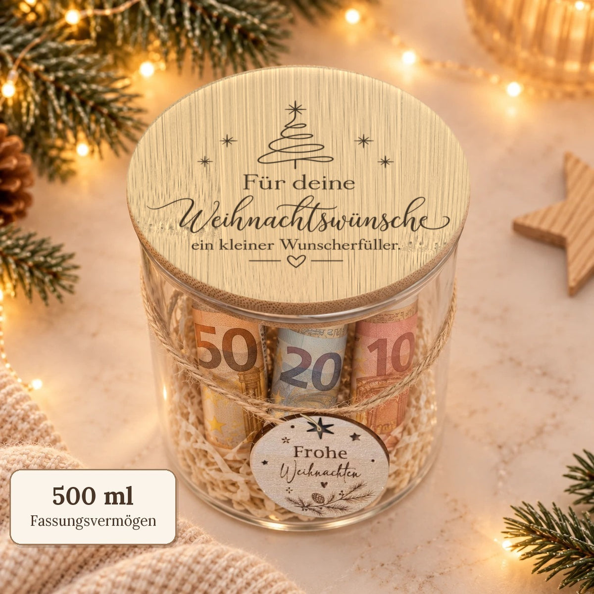 Geldgeschenk im Glas „Wunscherfüller“ mit 500 ml Fassungsvermögen