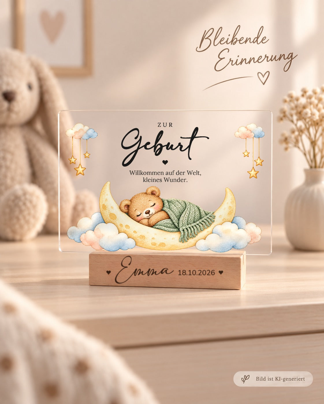 Acryl-Aufsteller zur Geburt mit Teddybär auf dem Mond als Erinnerung im Kinderzimmer