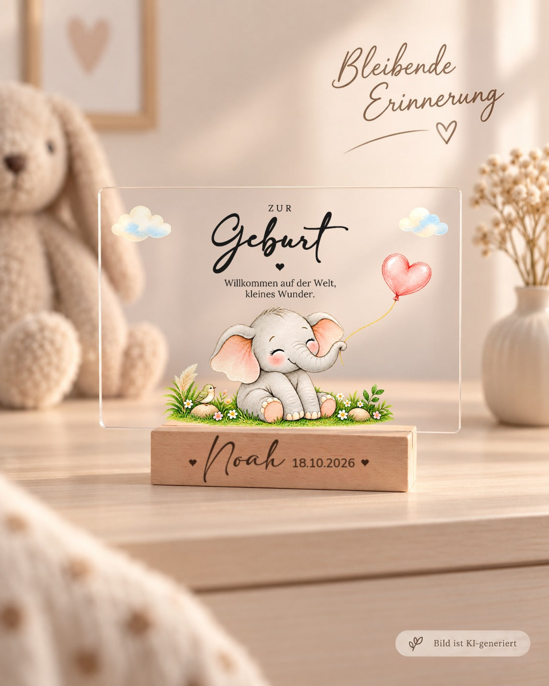 Acryl-Aufsteller zur Geburt mit Elefant mit Herzluftballon als Erinnerung im Kinderzimmer