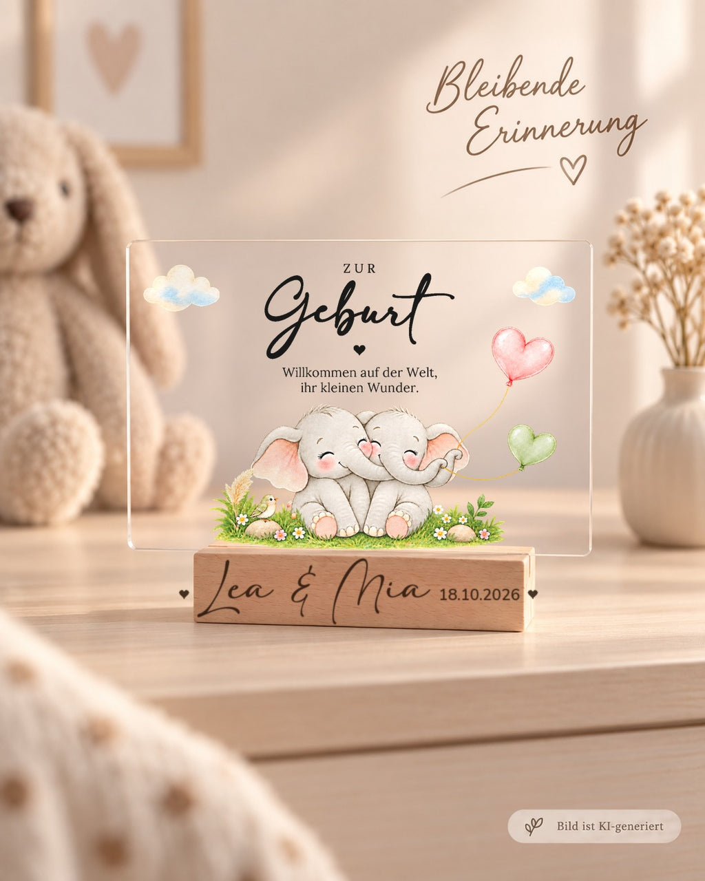 Acryl-Aufsteller zur Geburt mit zwei Elefanten im Gras als Erinnerung im Kinderzimmer