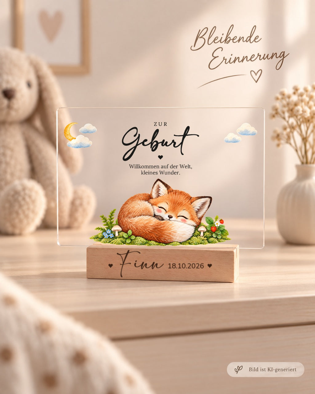 Acryl-Aufsteller zur Geburt mit Fuchs auf Moos als Erinnerung im Kinderzimmer