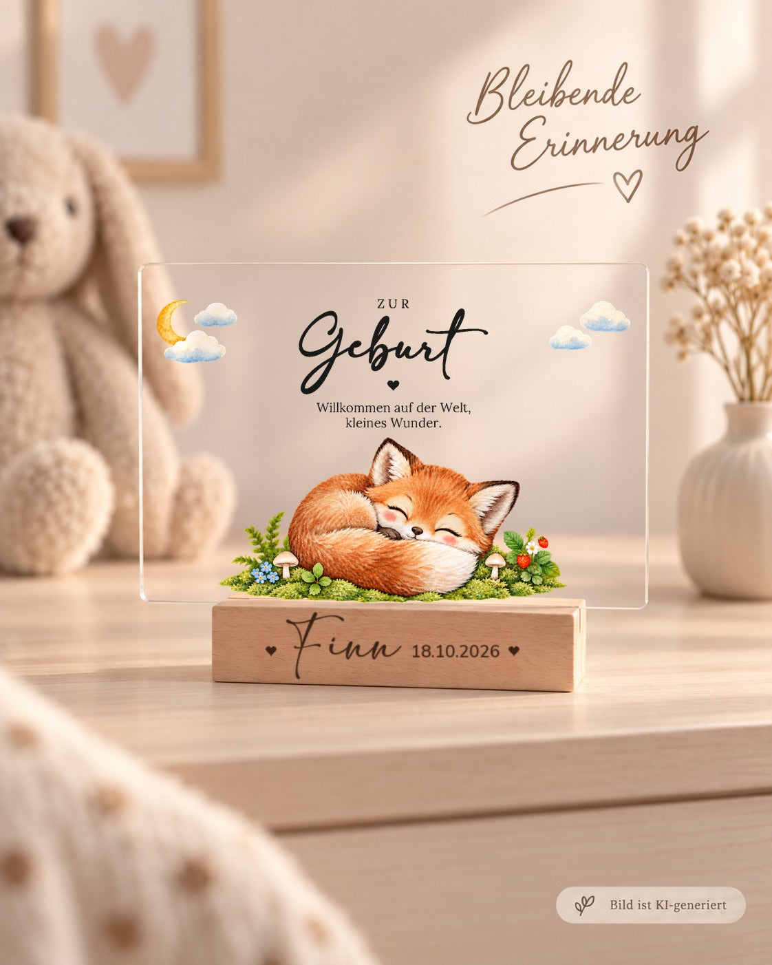 Acryl-Aufsteller zur Geburt mit Fuchs auf Moos als Erinnerung im Kinderzimmer