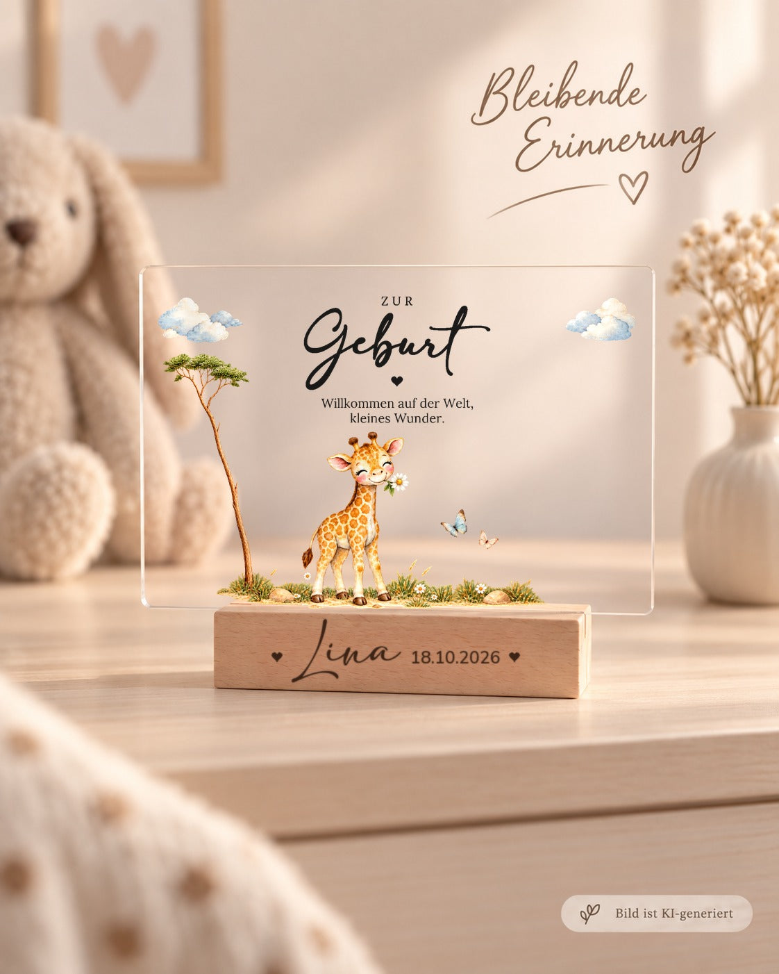 Acryl-Aufsteller zur Geburt mit Giraffenbaby mit Gänseblümchen als Erinnerung im Kinderzimmer