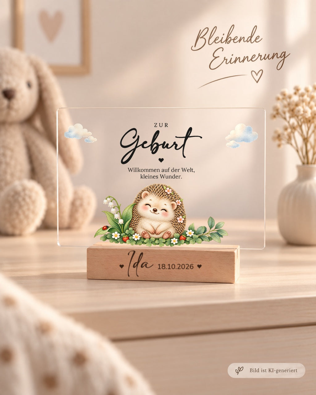 Acryl-Aufsteller zur Geburt mit Igel zwischen Blättern und Walderdbeeren als Erinnerung im Kinderzimmer