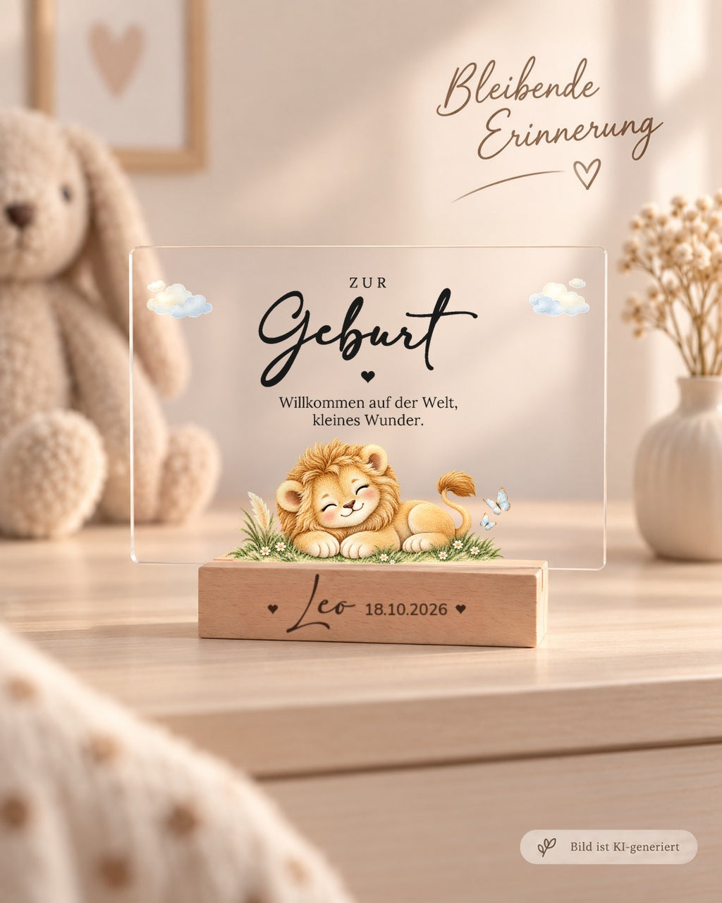 Acryl-Aufsteller zur Geburt mit Löwenbaby im Gras als Erinnerung im Kinderzimmer