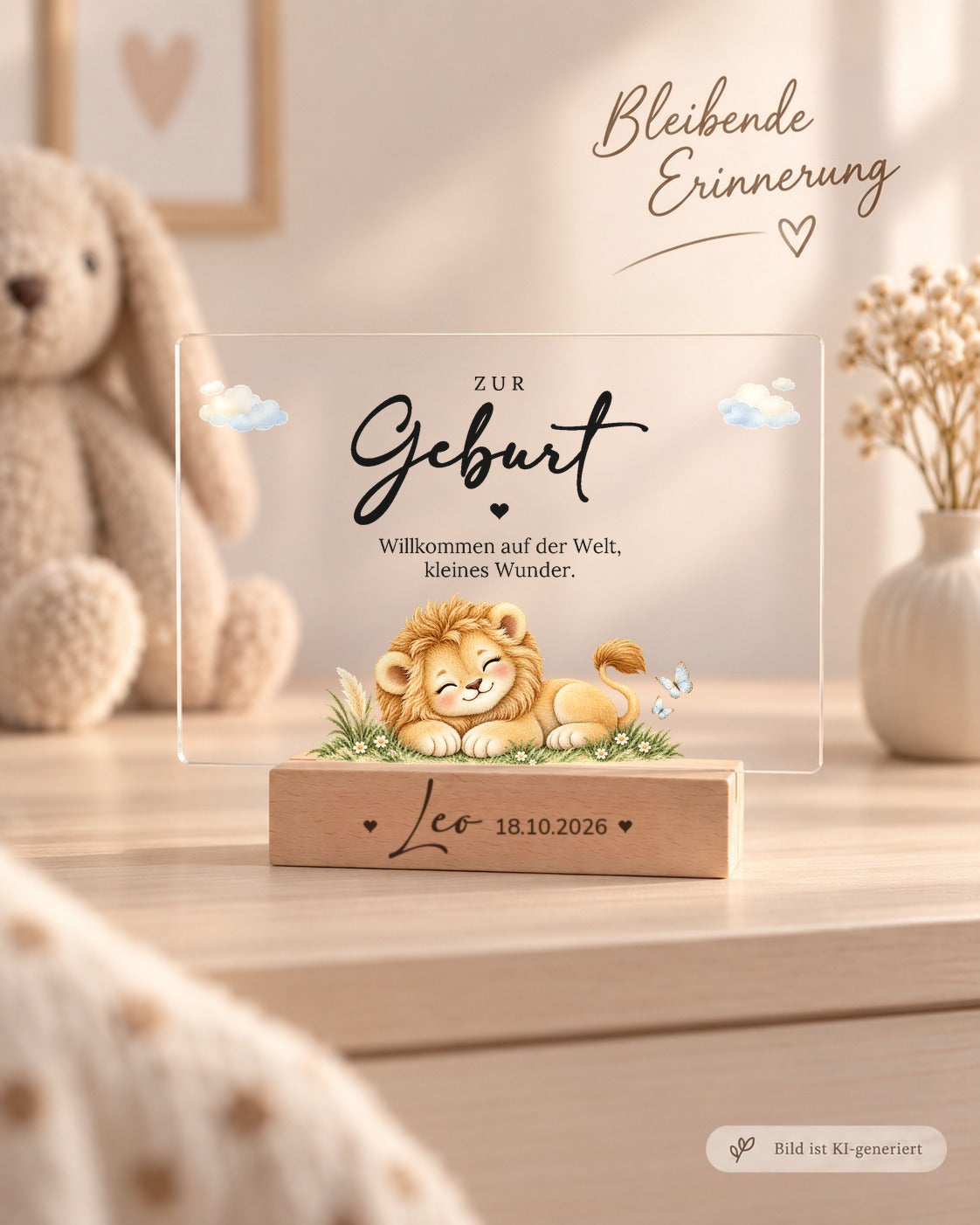 Acryl-Aufsteller zur Geburt mit Löwenbaby im Gras als Erinnerung im Kinderzimmer