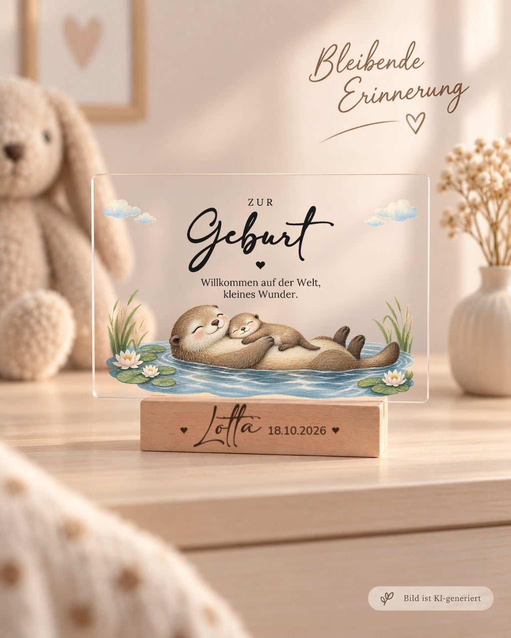 Acryl-Aufsteller zur Geburt mit Otter-Mama mit Baby als Erinnerung im Kinderzimmer