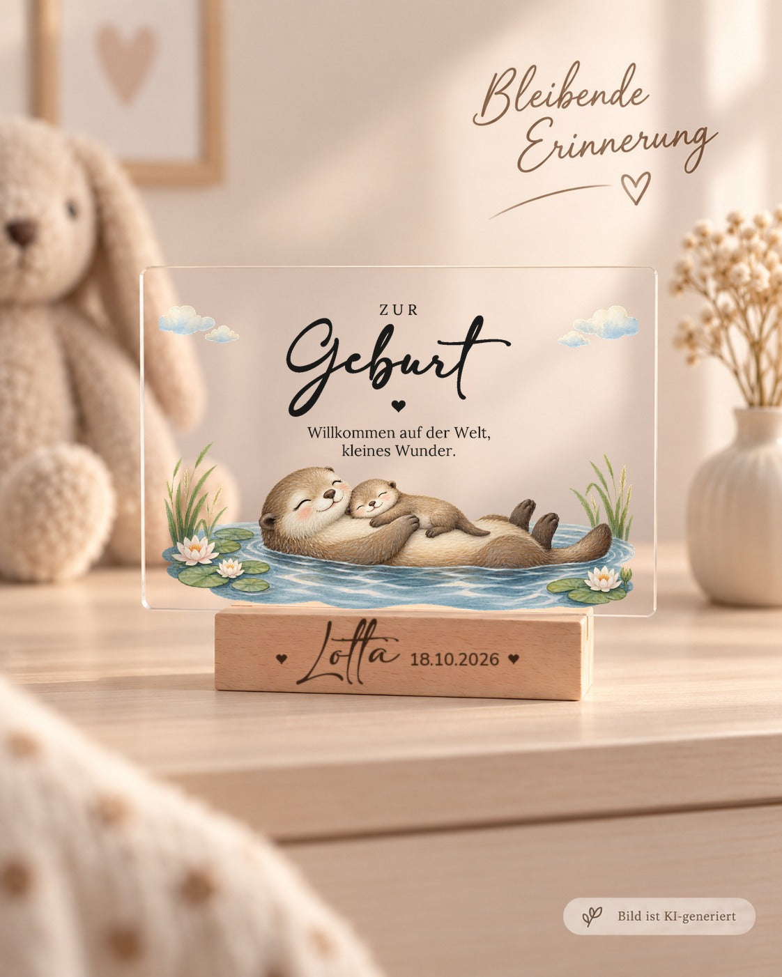 Acryl-Aufsteller zur Geburt mit Otter-Mama mit Baby als Erinnerung im Kinderzimmer