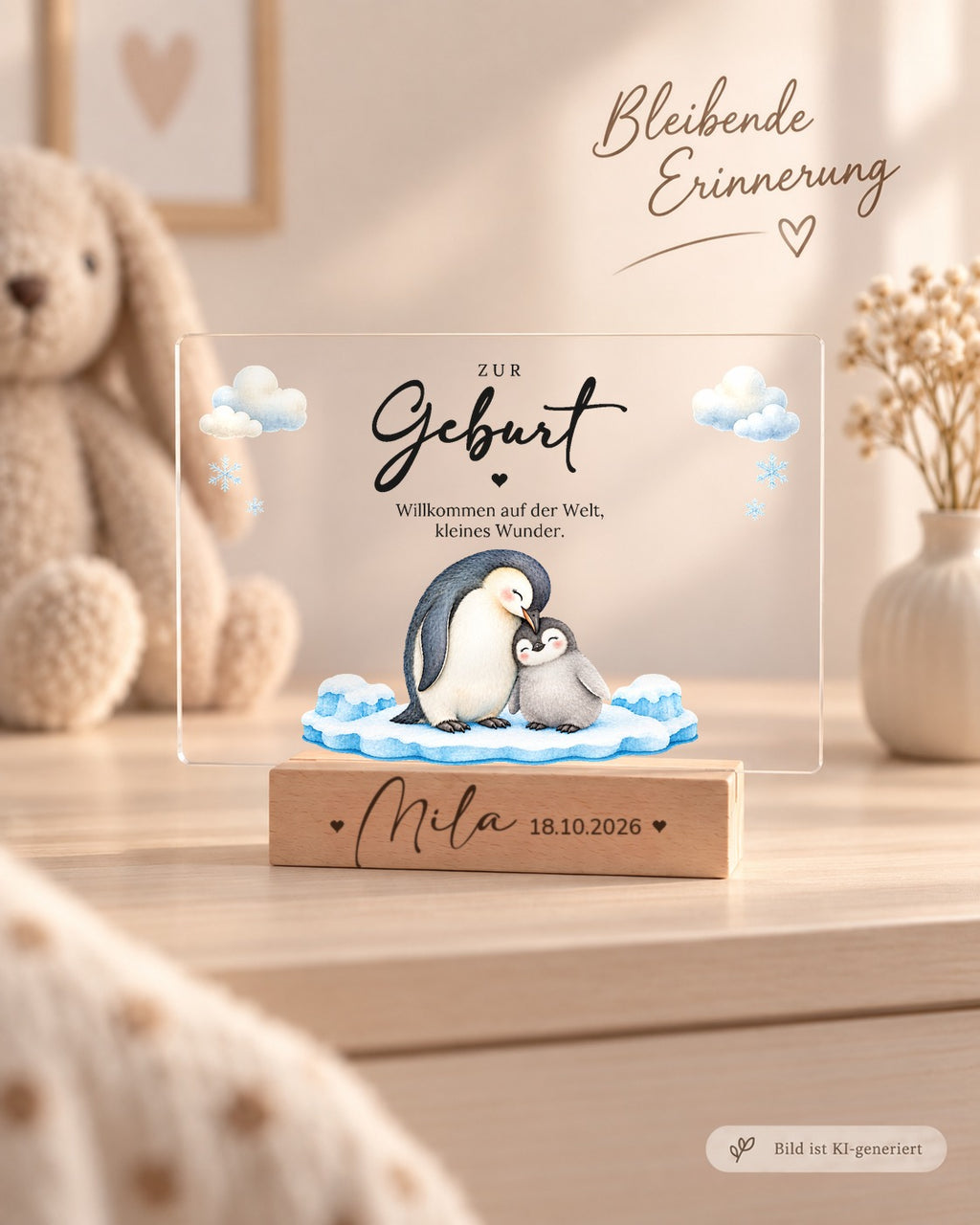 Acryl-Aufsteller zur Geburt mit Pinguin-Mama mit Küken als Erinnerung im Kinderzimmer