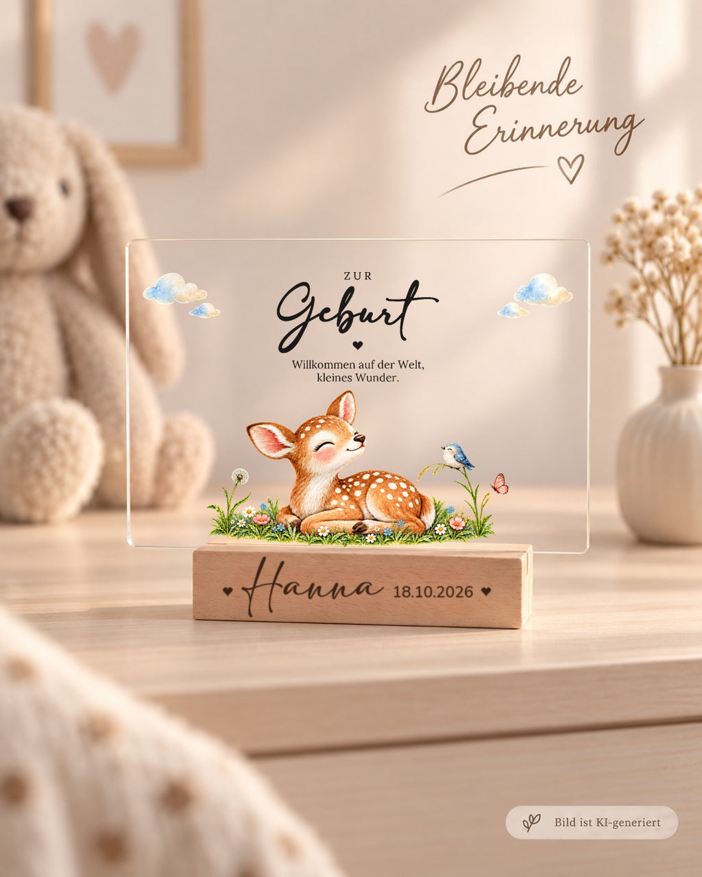 Acryl-Aufsteller zur Geburt mit Rehkitz in der Blumenwiese als Erinnerung im Kinderzimmer