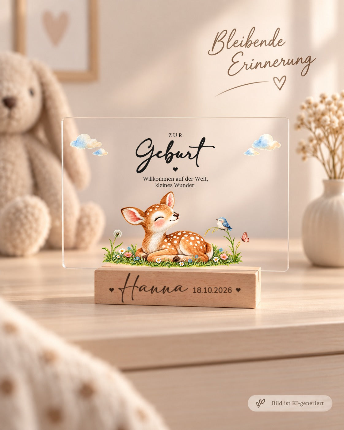 Acryl-Aufsteller zur Geburt mit Rehkitz in der Blumenwiese als Erinnerung im Kinderzimmer