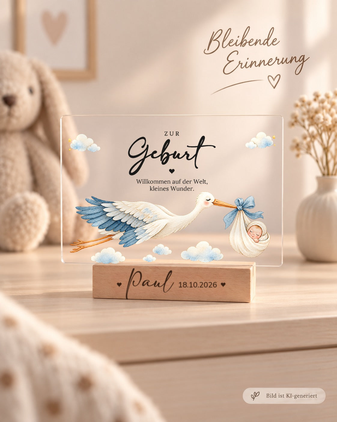 Acryl-Aufsteller zur Geburt mit Storch mit Baby im Tuch als Erinnerung im Kinderzimmer