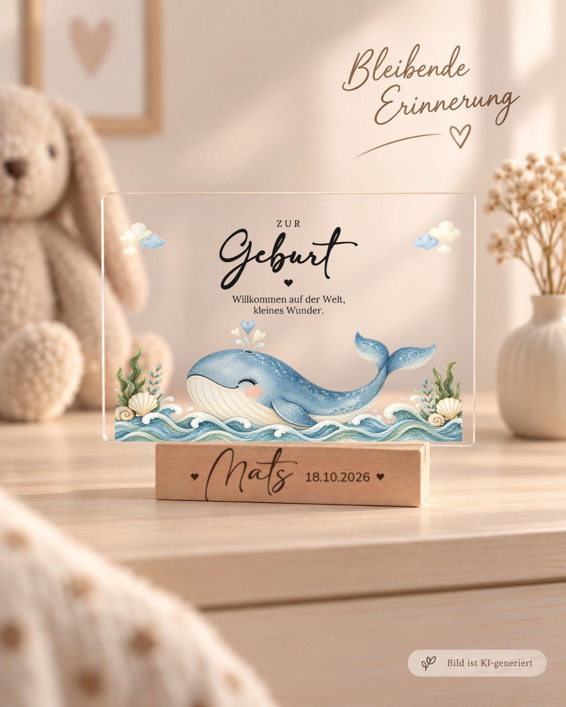 Acryl-Aufsteller zur Geburt mit Wal mit Herzfontäne als Erinnerung im Kinderzimmer