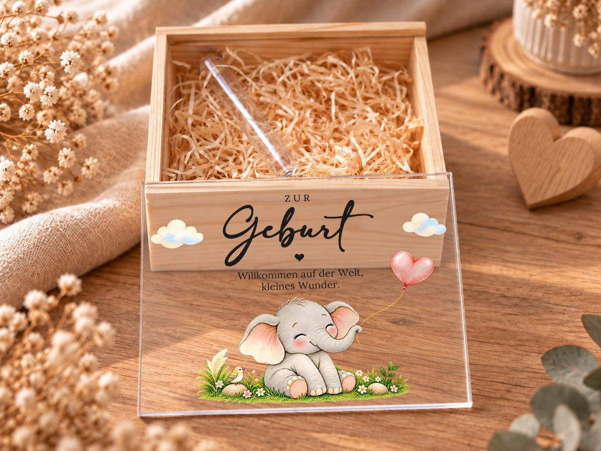 Geöffnete Holzkiste mit Holzwolle und Reagenzglas, Deckel im Elefanten-Design davor