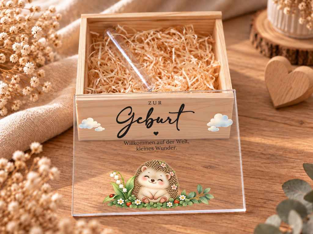 Geöffnete Holzkiste mit Holzwolle und Reagenzglas, Deckel im Igel-Design davor