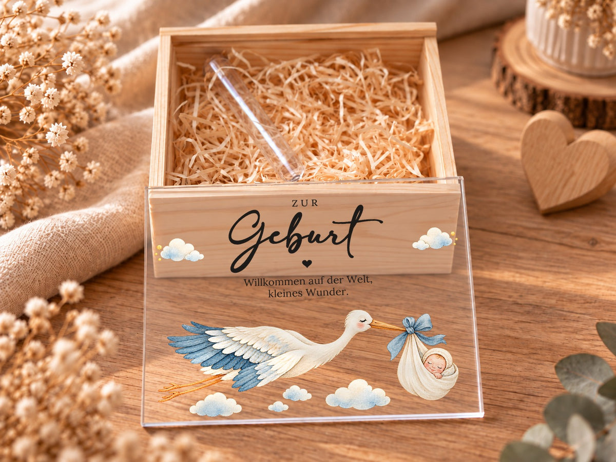 Geöffnete Holzkiste mit Holzwolle und Reagenzglas, Deckel im Storchen-Design davor