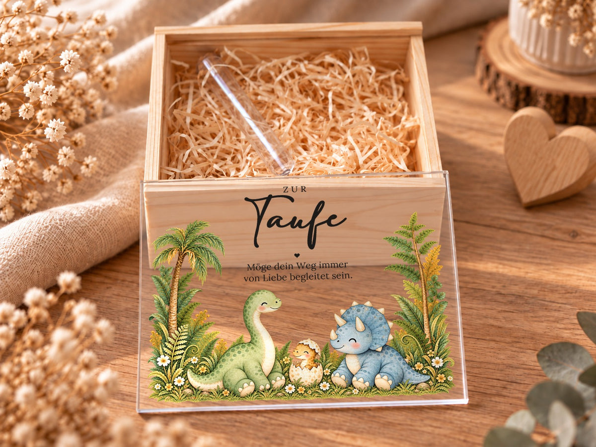 Offene Taufkiste mit Holzwolle und Reagenzglas, Acryldeckel mit Dinos davor