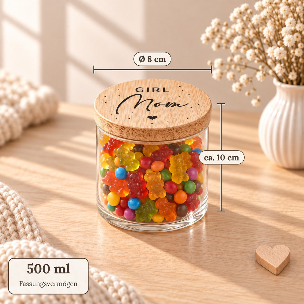 Maße des Vorratsglases „Girl Mom“: 500 ml, Deckel Ø 8 cm, ca. 10 cm hoch