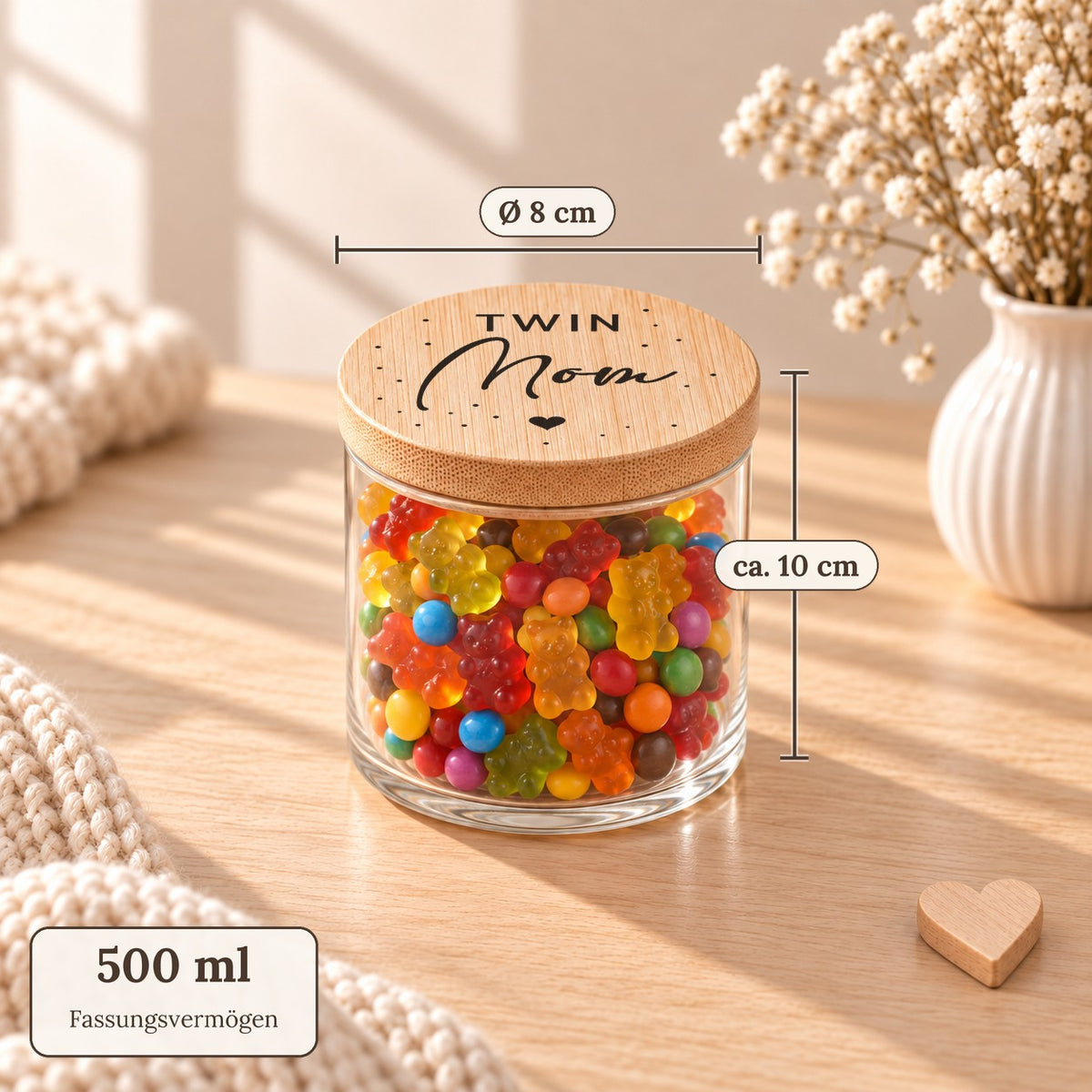 Maße des Vorratsglases „Twin Mom“: 500 ml, Deckel Ø 8 cm, ca. 10 cm hoch