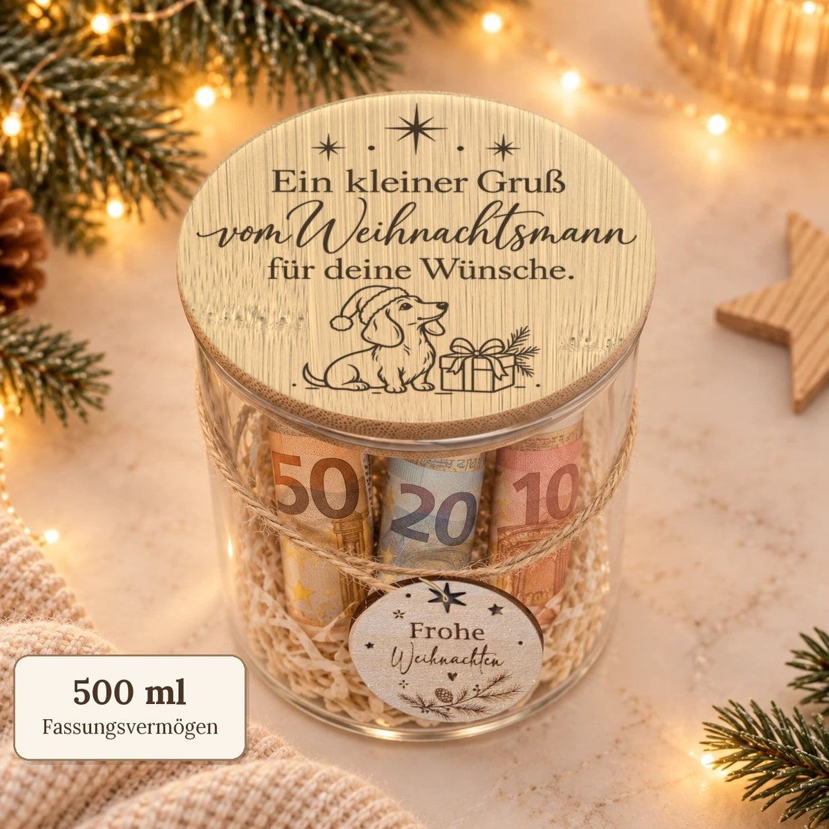 Geldgeschenk im Glas „Gruß vom Weihnachtsmann“ mit 500 ml Fassungsvermögen