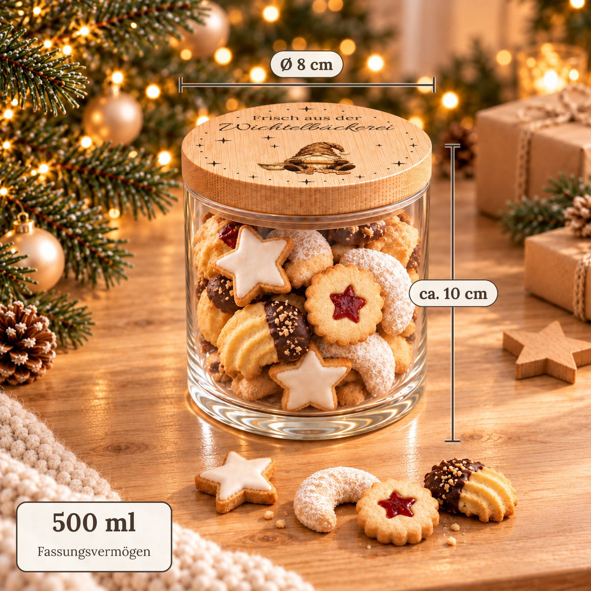 Keksdose „Frisch aus der Wichtelbäckerei“ mit Wichtel mit Maßen: 500 ml, Deckel Ø 8 cm, ca. 10 cm hoch