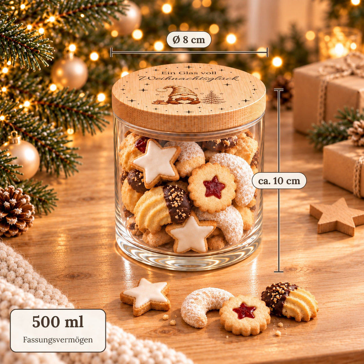 Keksdose „Ein Glas voll Weihnachtsglück“ mit Wichtel mit Maßen: 500 ml, Deckel Ø 8 cm, ca. 10 cm hoch