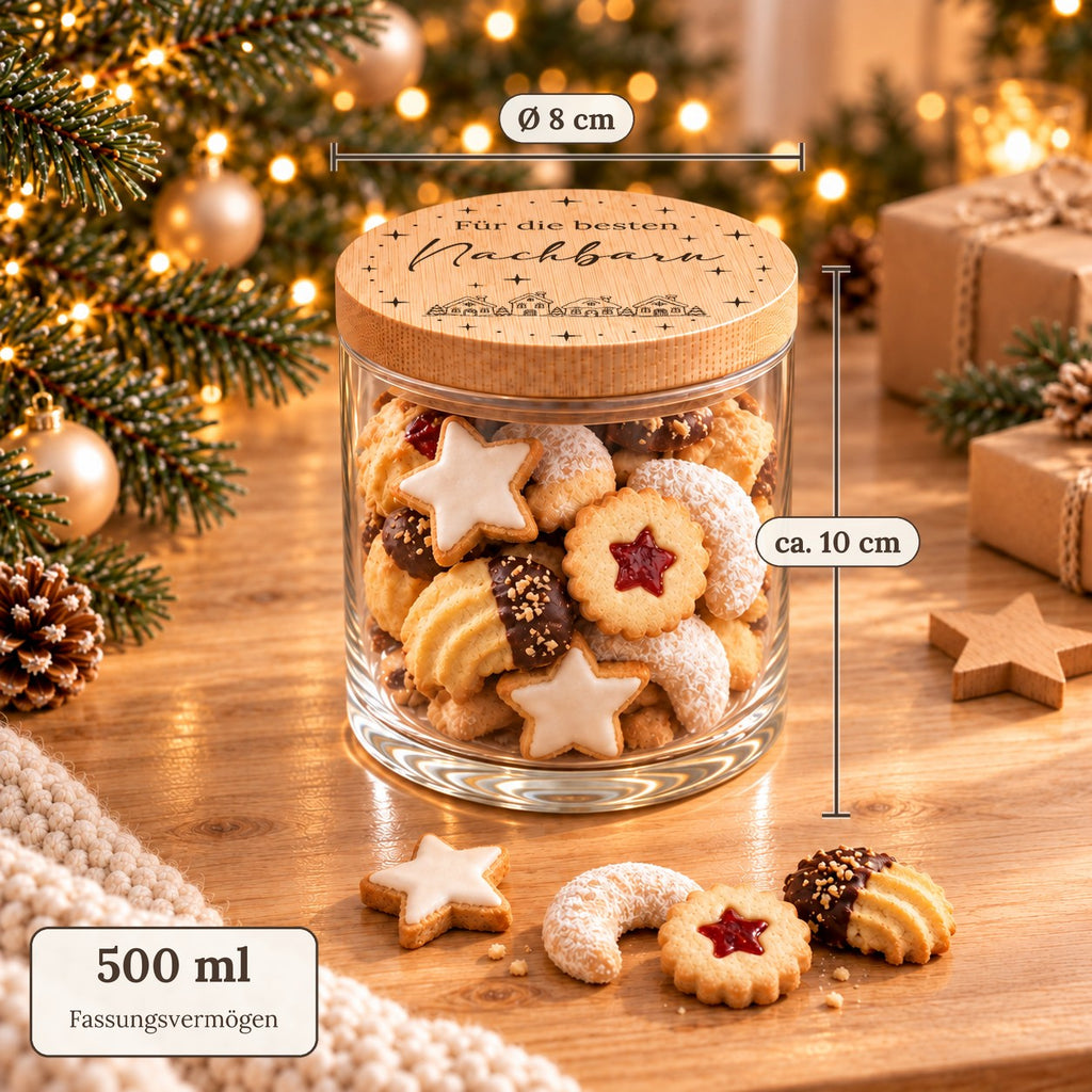 Keksdose „Für die besten Nachbarn“ mit kleinen Häusern mit Maßen: 500 ml, Deckel Ø 8 cm, ca. 10 cm hoch