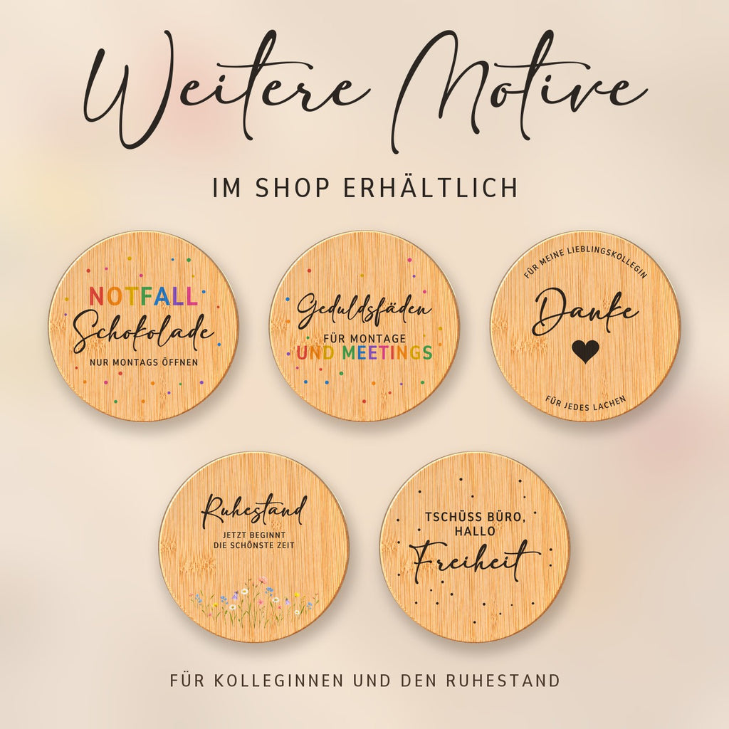 Weitere Spruch-Deckel für Kolleginnen und den Ruhestand bei RoxisKreativShop