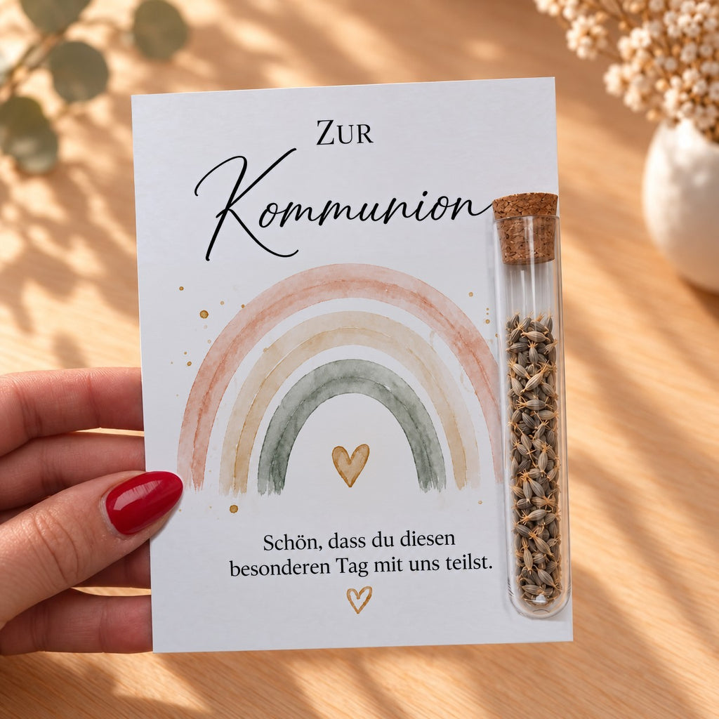 Gastgeschenk zur Kommunion mit Regenbogen in der Hand