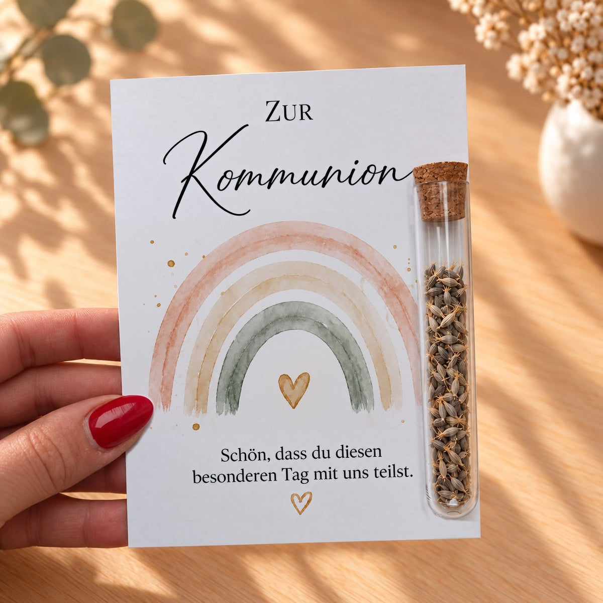 Gastgeschenk zur Kommunion mit Regenbogen in der Hand